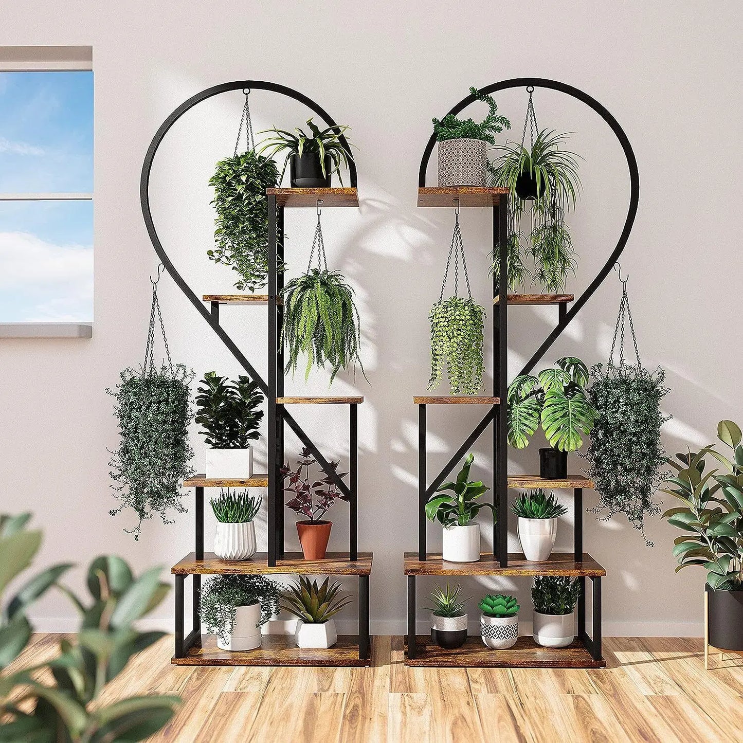 Plant Stand Half Heart Shaped Flower Shelf Rack 20 Pots With Hooks