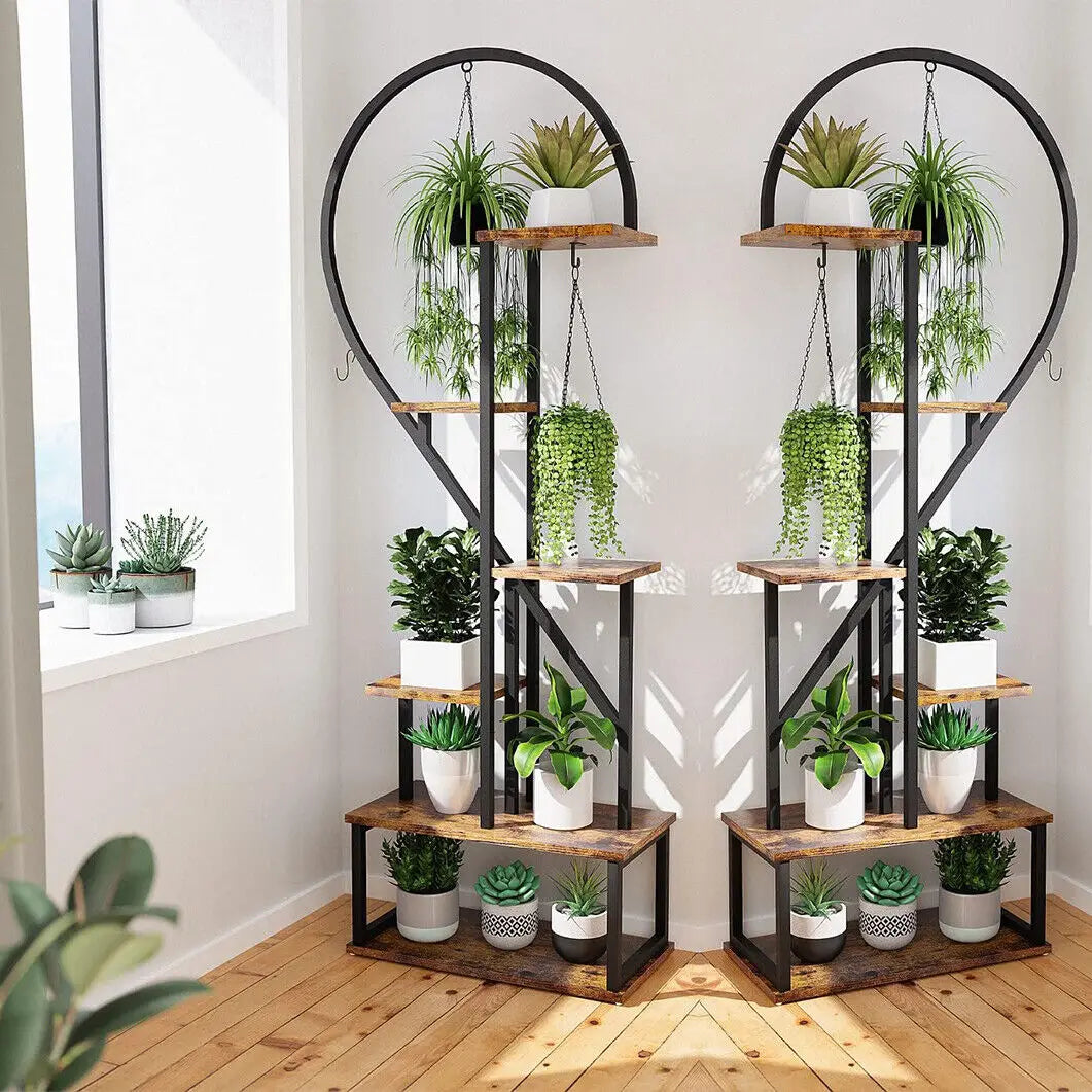 Plant Stand Half Heart Shaped Flower Shelf Rack 20 Pots With Hooks