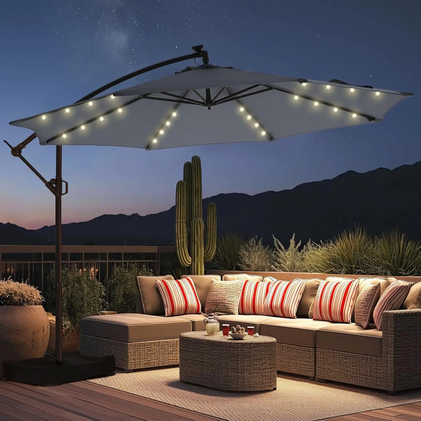 Solar Powered Offset Cantilever Umbrella With LED Lights And Base