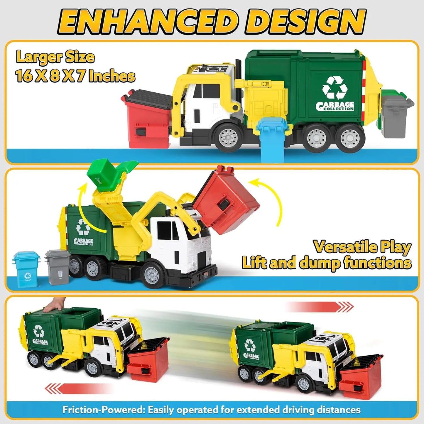 JOYFY Friction Powered Garbage Truck Toy Set With Dumpster Bins