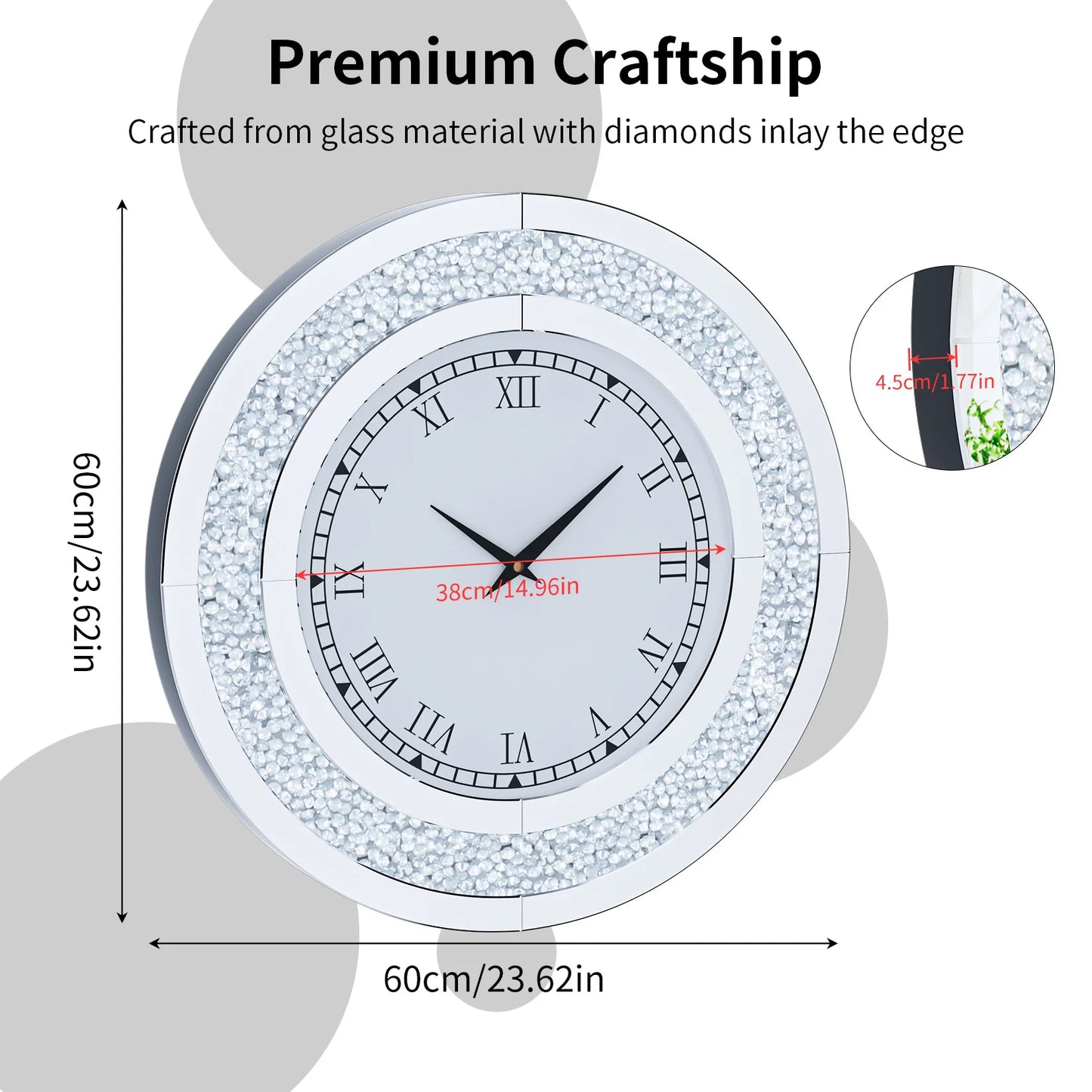 Round Mirror Clock With Crystal Sparkle Mirrored Wall Decor