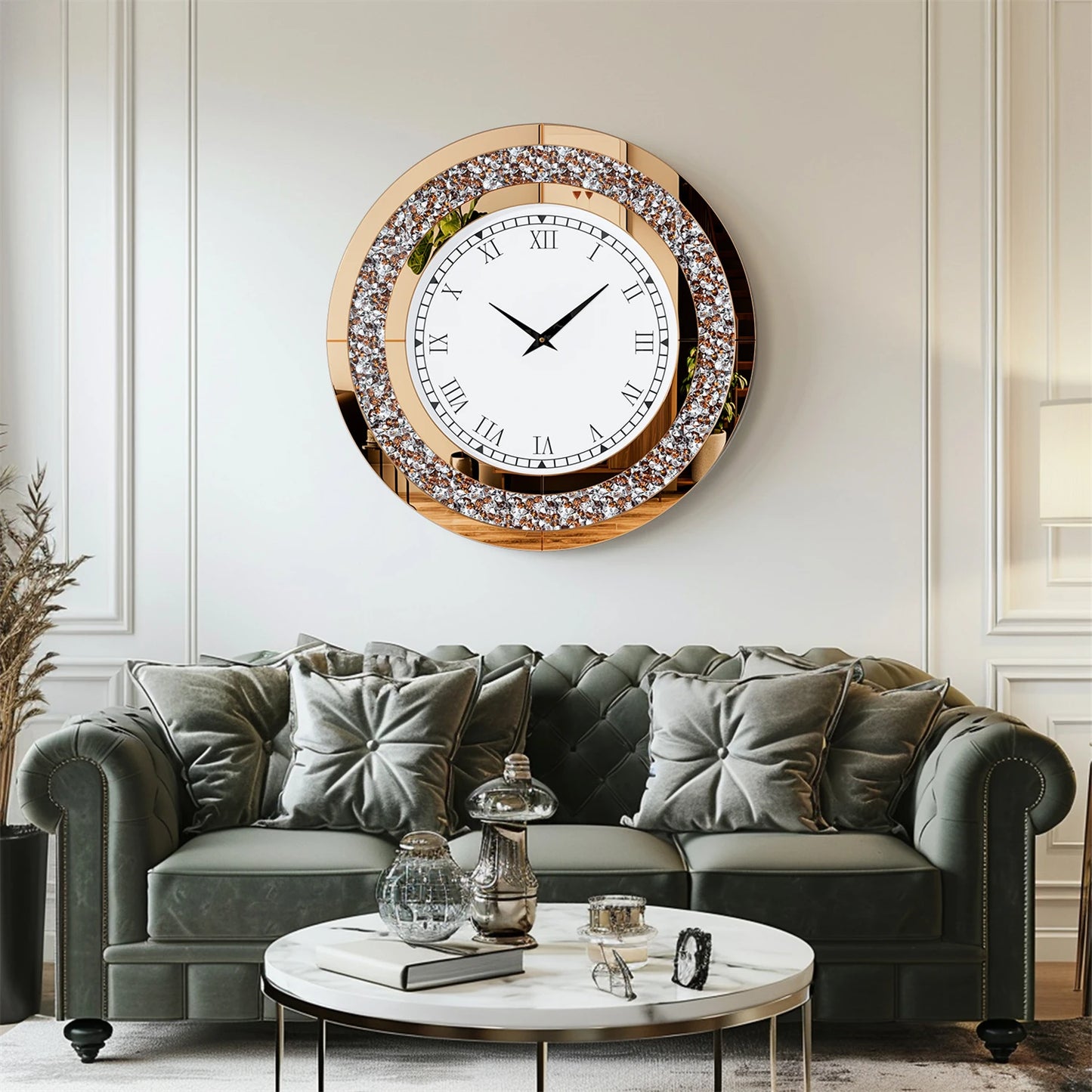 Round Mirror Clock With Crystal Sparkle Mirrored Wall Decor