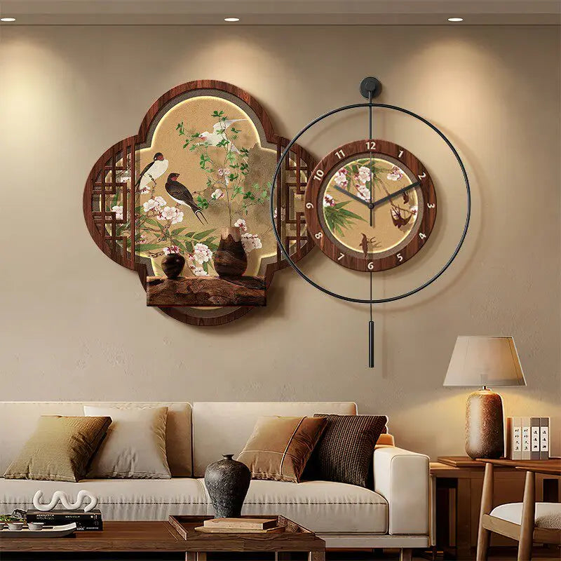 Chinese Flower and Bird Wall Clock Murals for Dining Room