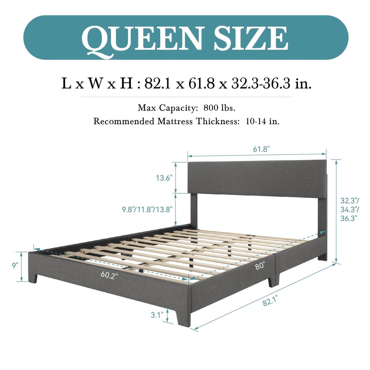 HOOMIC Upholstered Bed Frame with Adjustable Headboard and Quiet Support