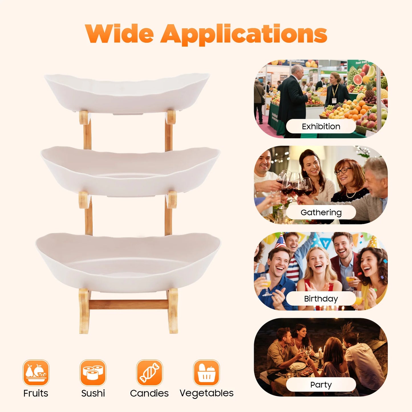 Three Tier Fruit Plate Stand With Bamboo Wood Base Dessert Tray