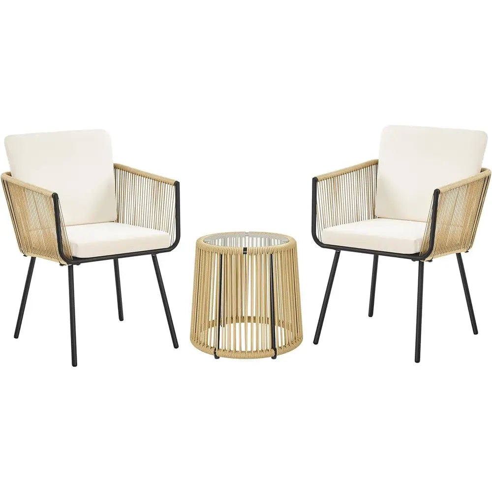 Outdoor PE Wicker ThreePiece Bistro Set With Glass Table Cushions