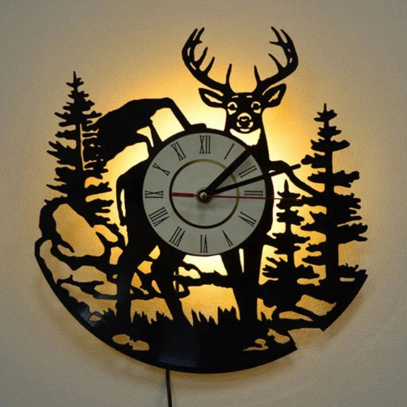 Forest Deer Vinyl Record Wall Clock LED Night Light