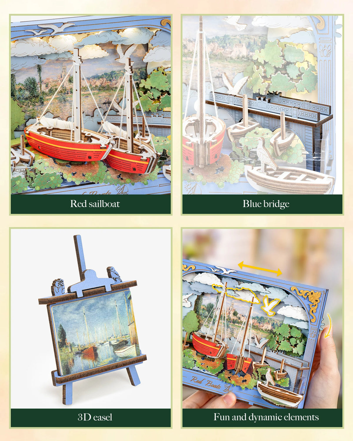 Rolife 219 Pcs Red Boats Wooden 3D Puzzle Model Kit With Led