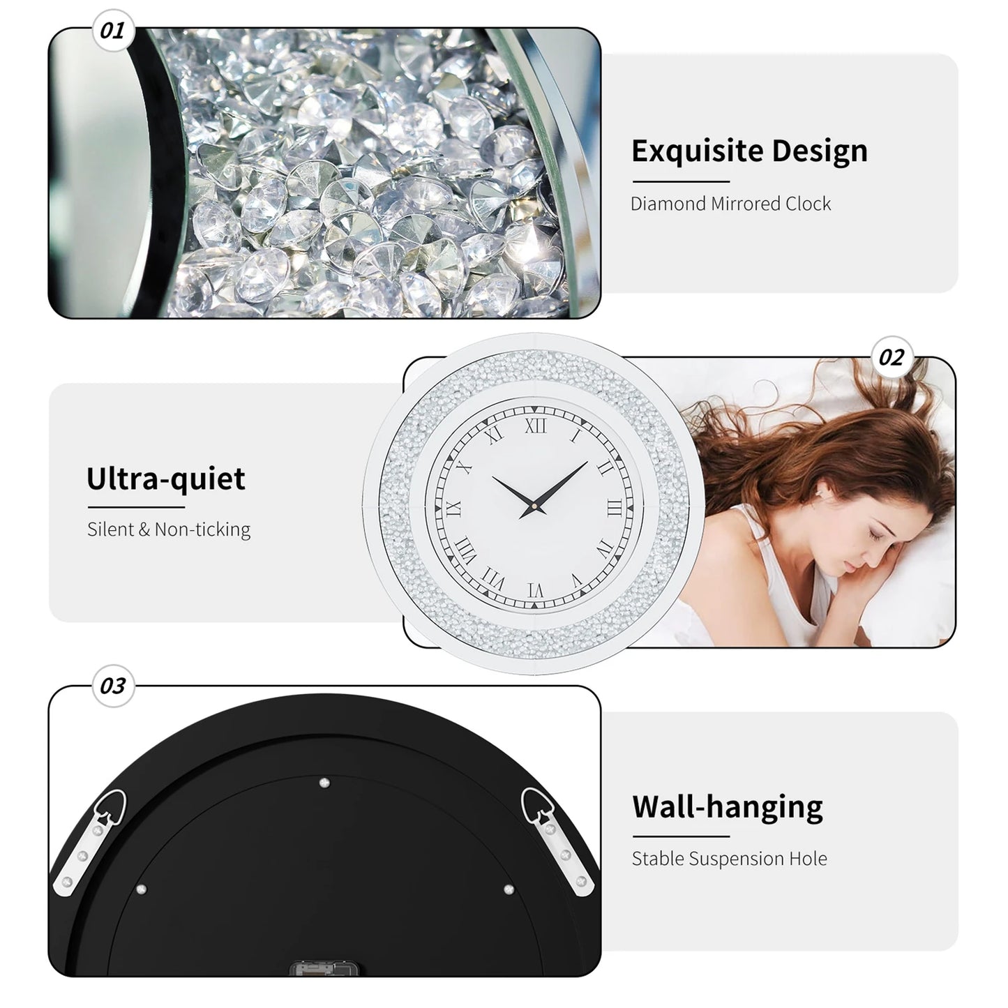 Round Mirror Clock With Crystal Sparkle Mirrored Wall Decor