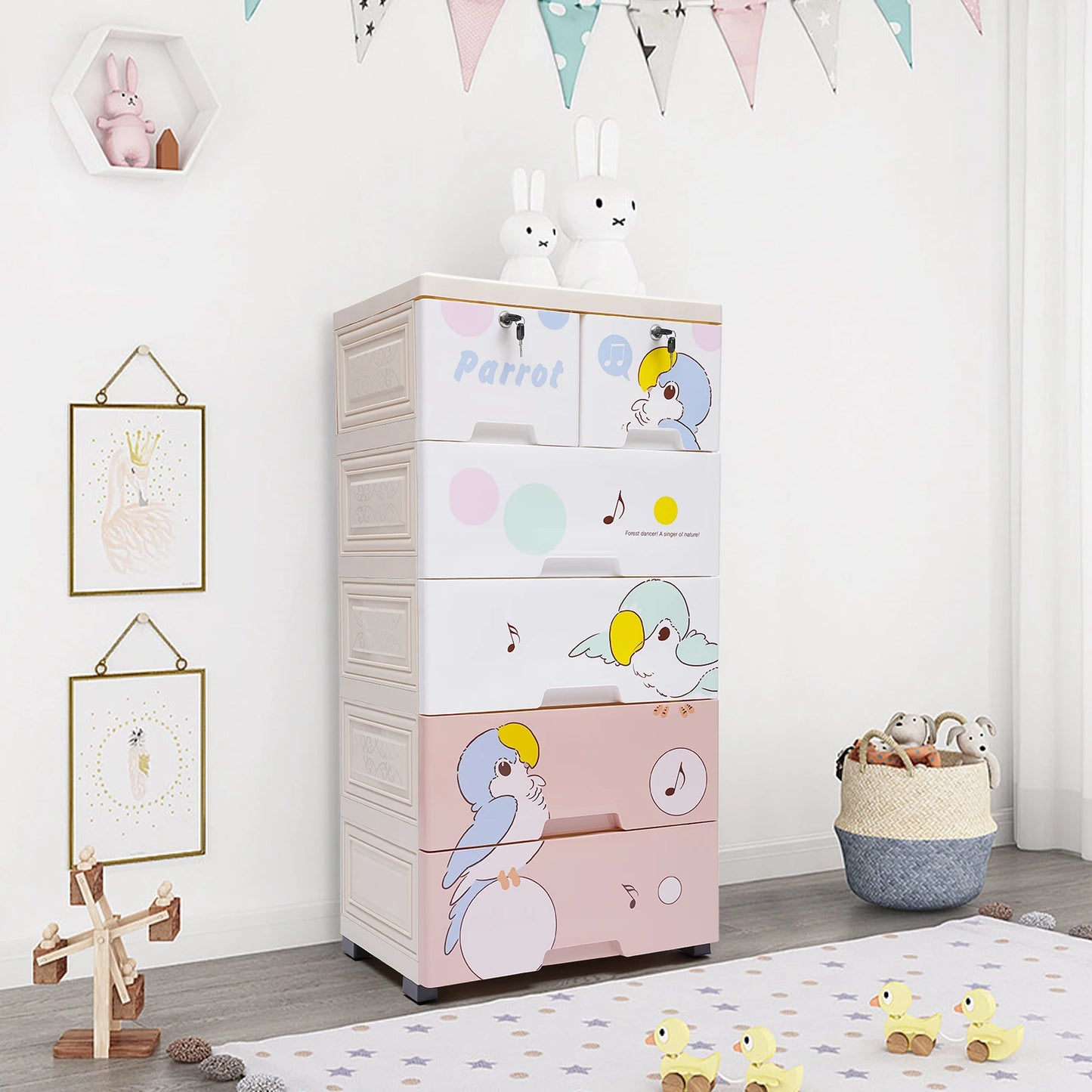 Modern Rolling Parrot Plastic Dresser Storage Cabinet 6 Drawer Organizer