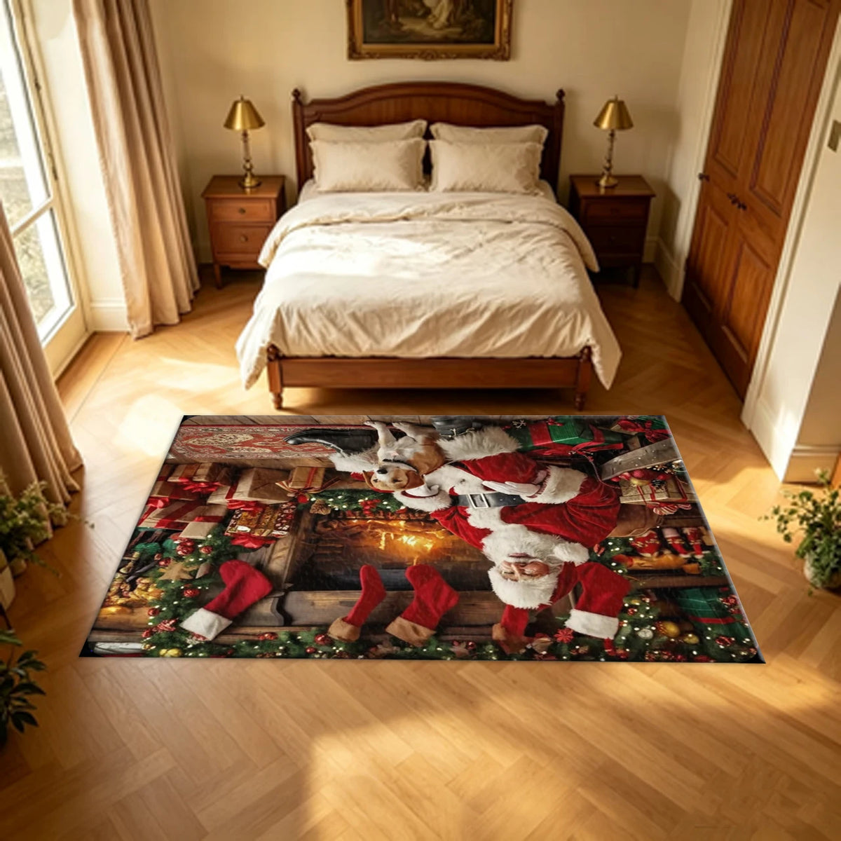 Christmas Fireplace Rug With Santa Claus And Dog Holiday Decor