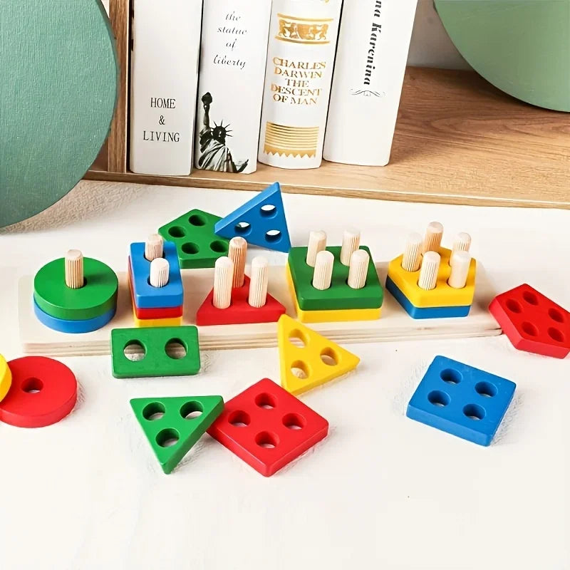 Montessori Geometric Wooden Blocks Shape Recognition Toy For Kids