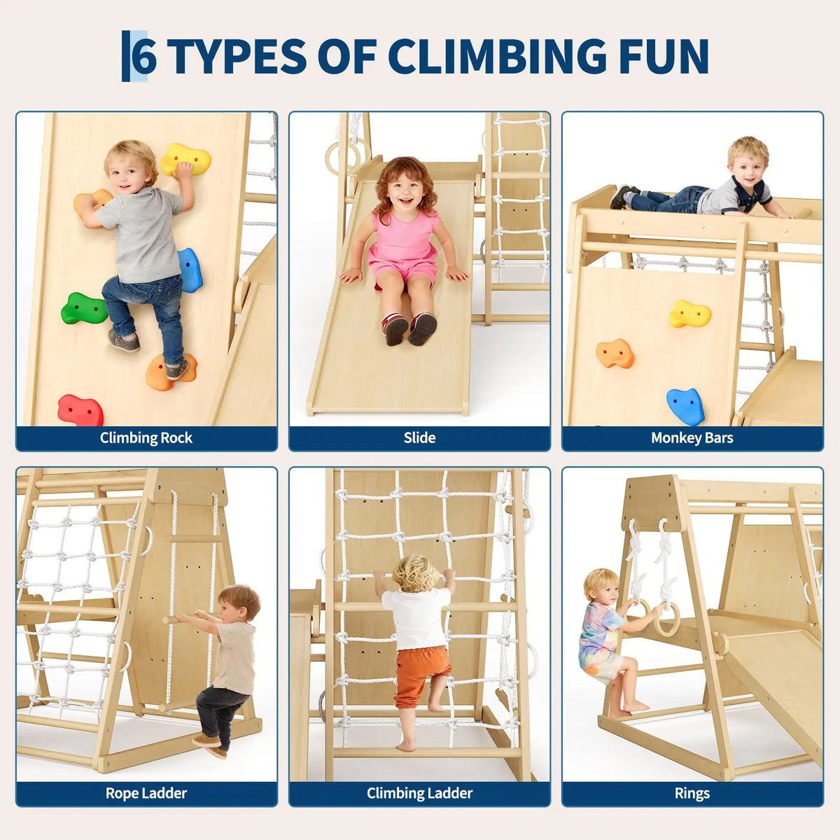 HiMISS 6in1 Wooden Indoor Jungle Gym Slide Climber Kids