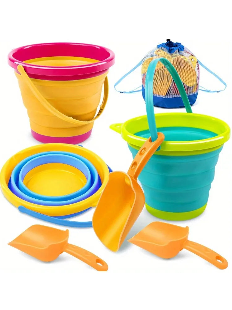 Joyfy 3 Pack Foldable Pail Buckets With Shovels Mesh Bag