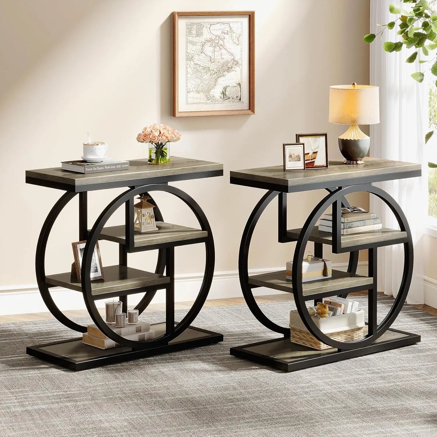 End Table Set Of 2 Timber And Metal Storage Shelves