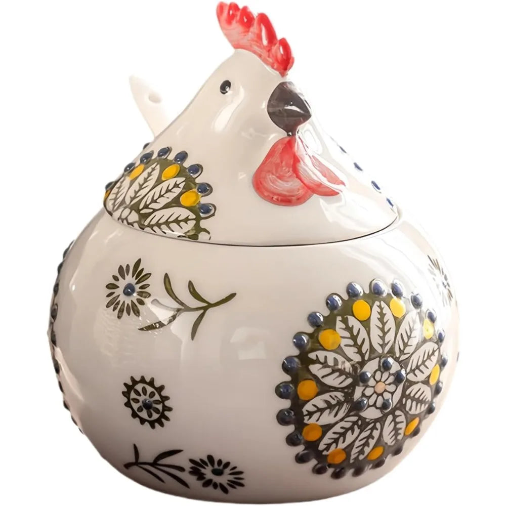 Ceramic Salt Cellar With Lid And Spoon Farmhouse Chicken Design