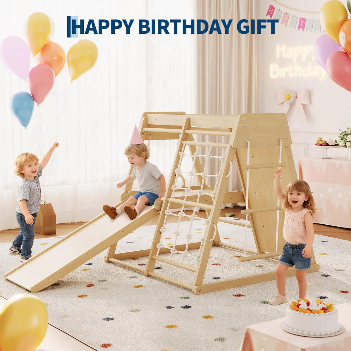 HiMISS 6in1 Wooden Indoor Jungle Gym Slide Climber Kids
