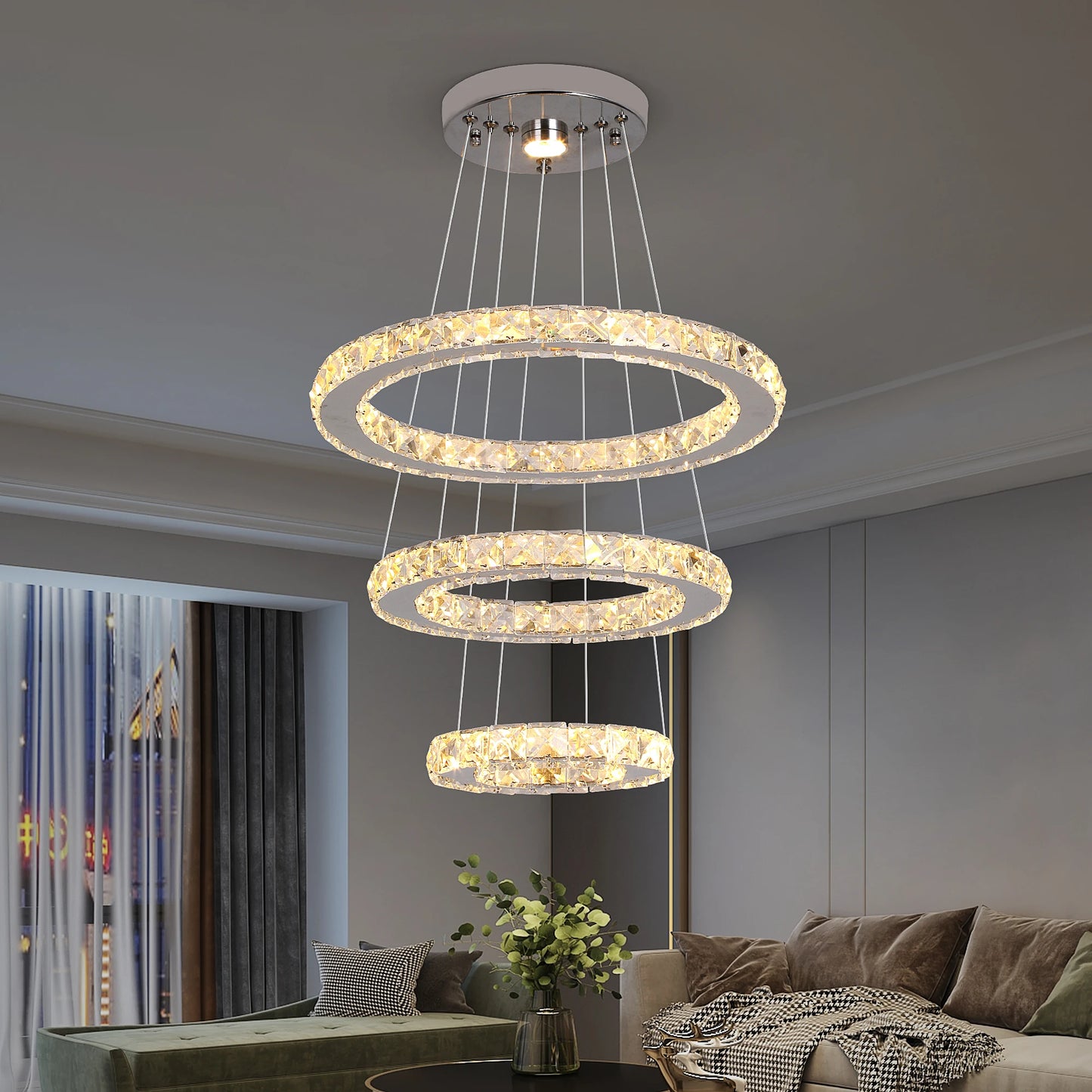 GreeLustr Led Crystal Pendant Chandelier Ring Light For Living Room