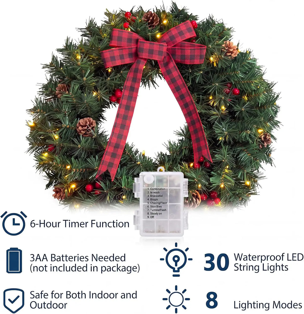 Tacleekii Artificial Christmas Wreath With Pinecones Bow And LEDs