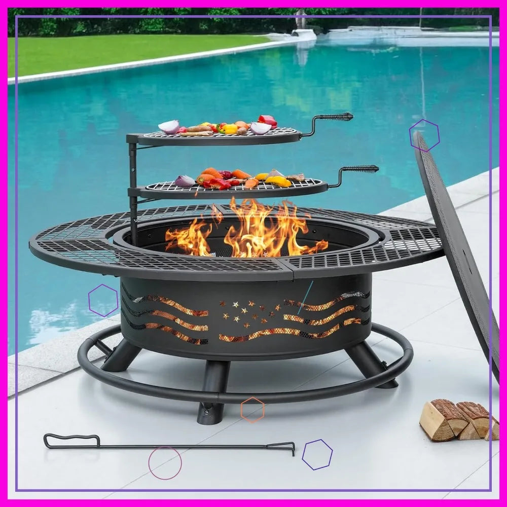 Outdoor Fire Pit With Dual Grates And Lid For Backyard