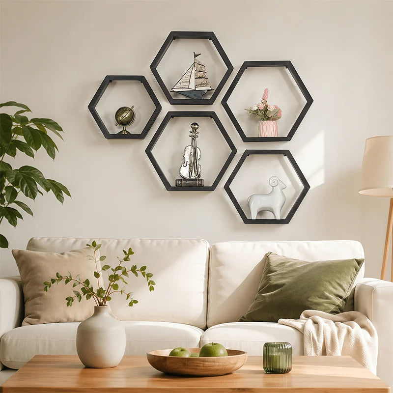 Set Of 3 Hexagonal Floating Wooden Wall Shelves