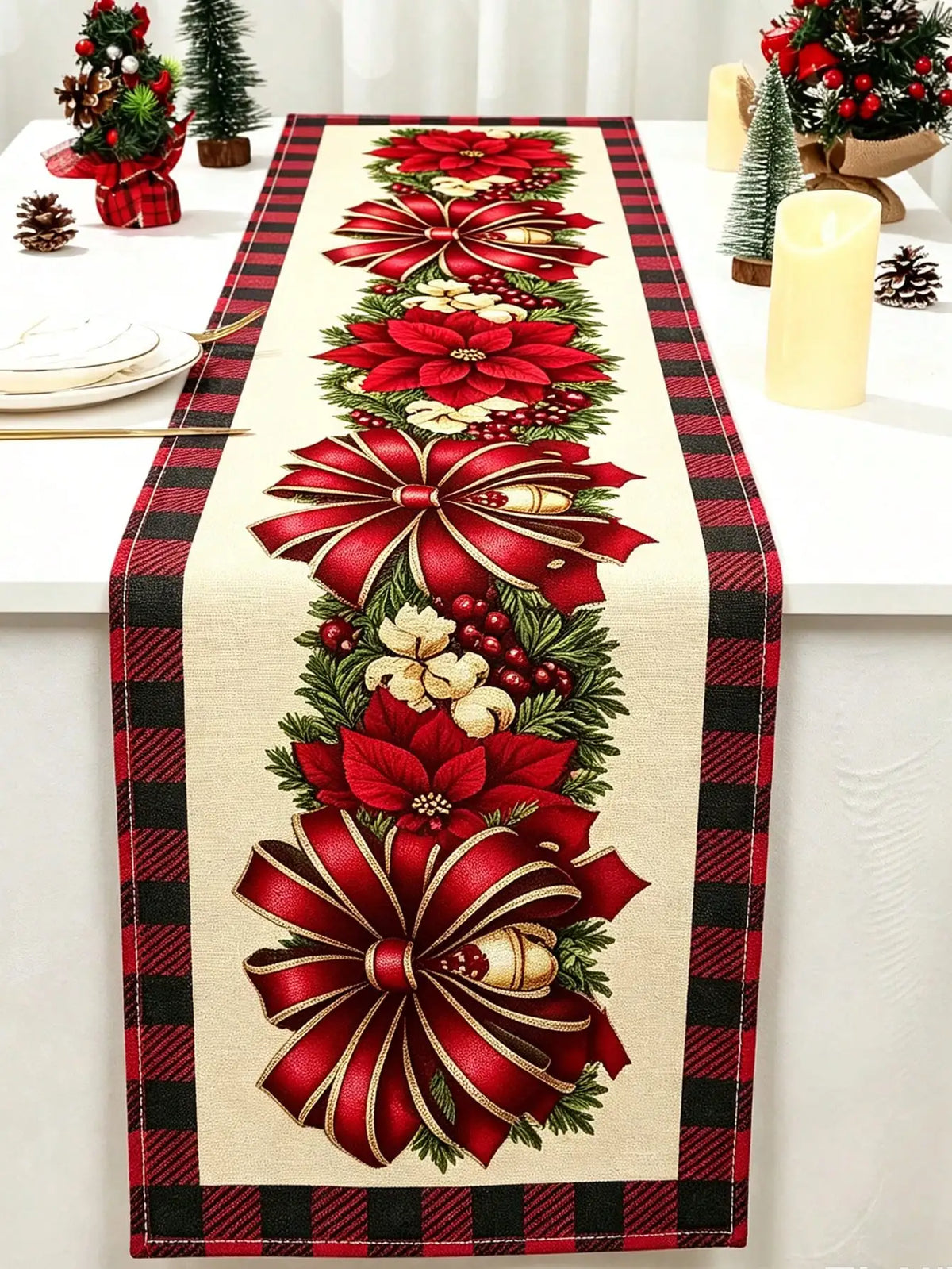 Christmas Floral Bow Table Runner Holiday Party Table Decoration