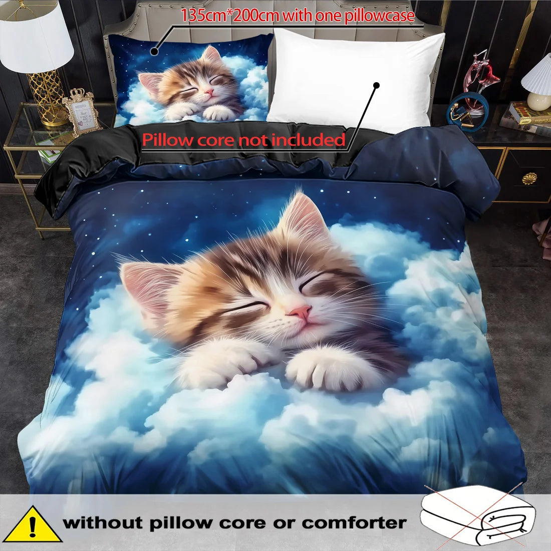 Cartoon Cat Duvet Cover Set Polyester Bed Linen Machine Washable