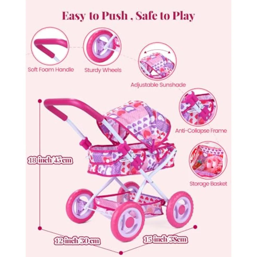Folding Doll Pram Set With Baby Doll And 14 Accessories