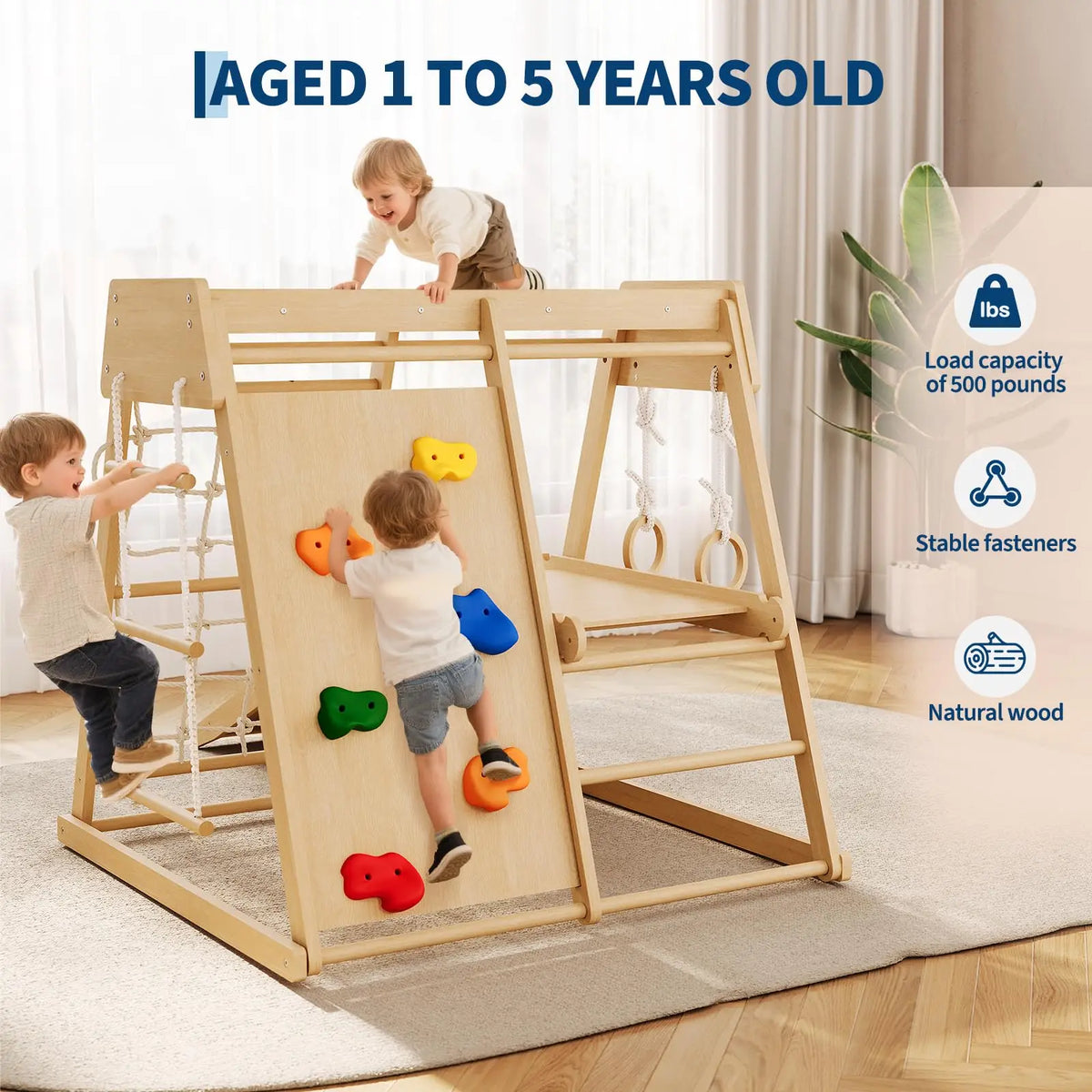 HiMISS 6in1 Wooden Indoor Jungle Gym Slide Climber Kids