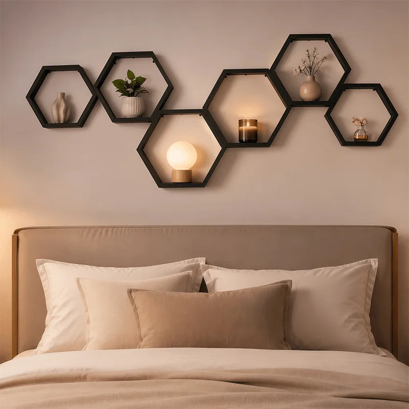 Set Of 3 Hexagonal Floating Wooden Wall Shelves