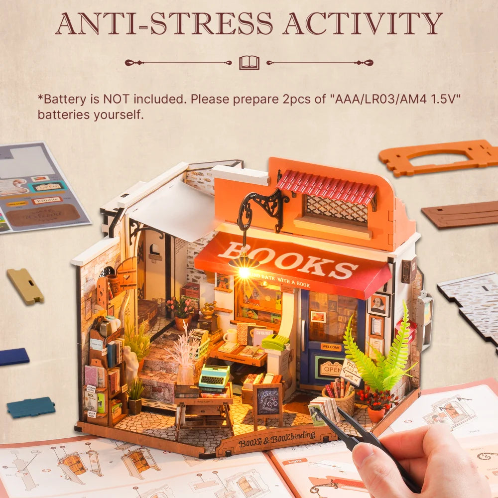 Rolife Corner Bookstore Dollhouse Kit 3D Wooden Puzzle