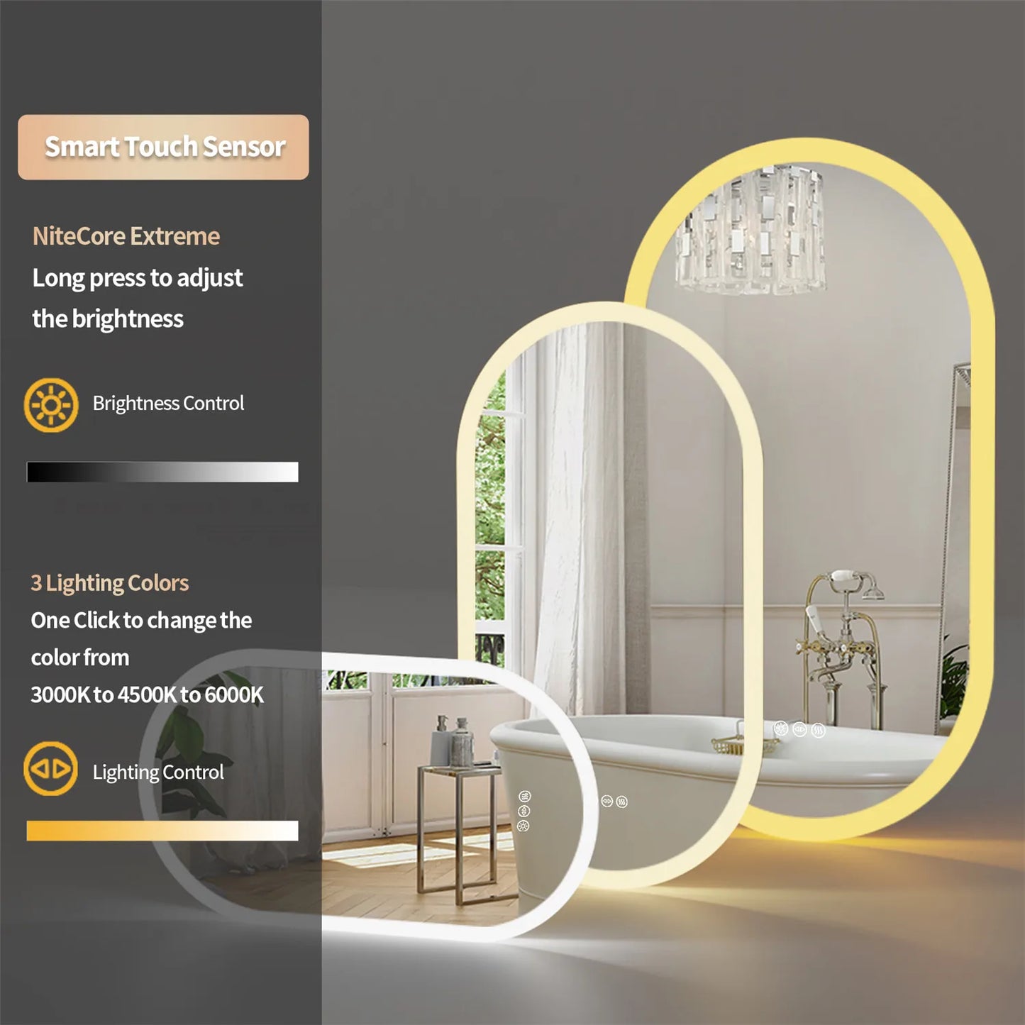 Wisfor Backlit LED Oval Bathroom Mirror Dimmable 3 Color Temperatures