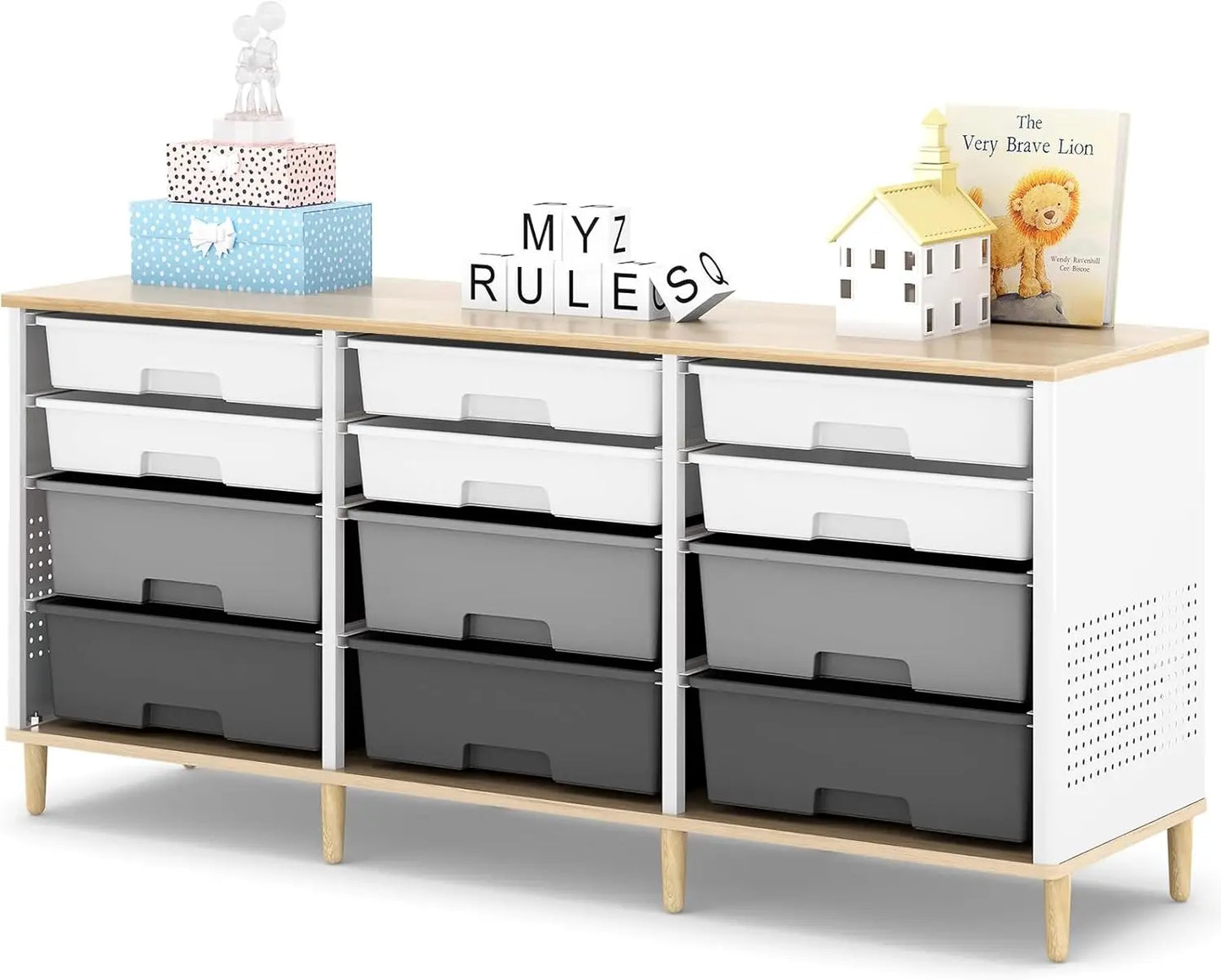 12 Drawer Toy Storage Cabinet With Wooden Top And Plastic Bins