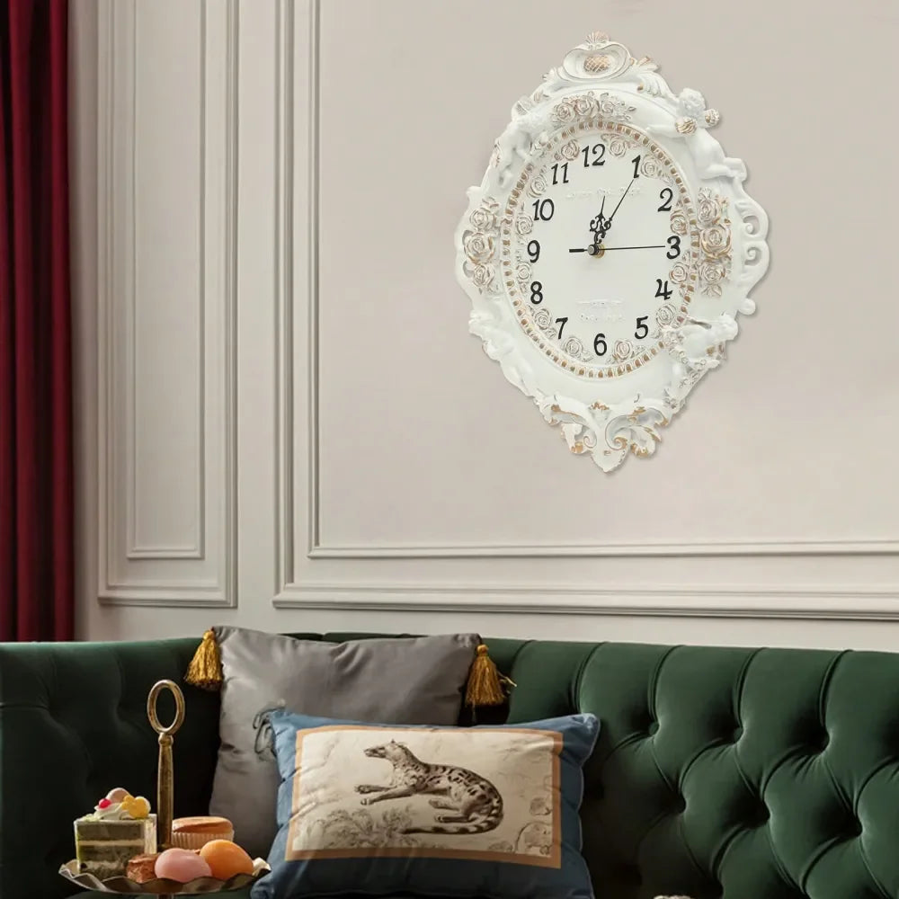 XMSJ Resin Wall Clock Retro Silent Angel And Rose Mural