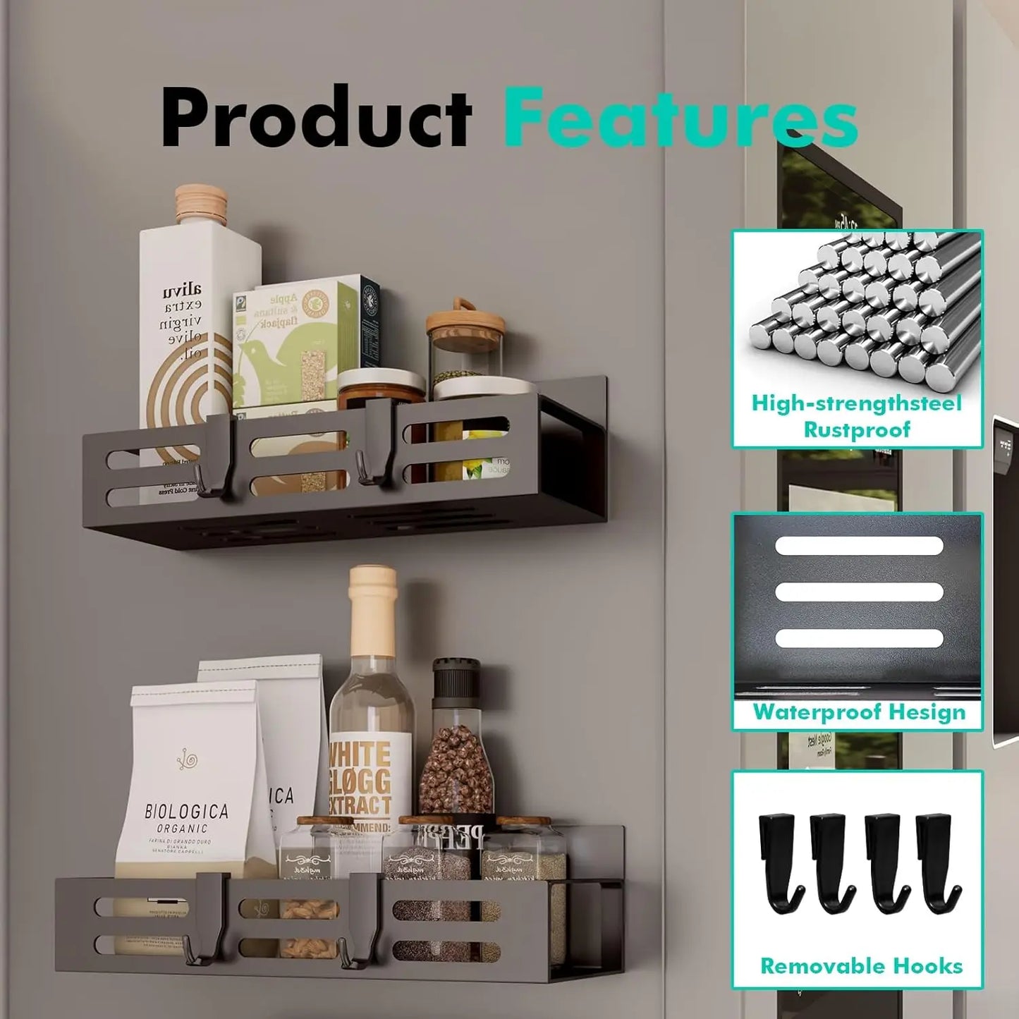 2 Pack Magnetic Spice Rack for Refrigerator, Black Shelf Organizer Kitchen Cabinet Storage Seasoning Mini Shelves
