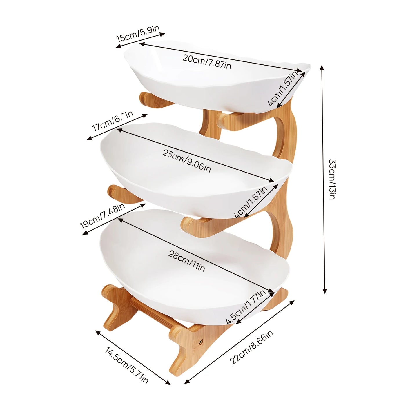Three Tier Fruit Plate Stand With Bamboo Wood Base Dessert Tray