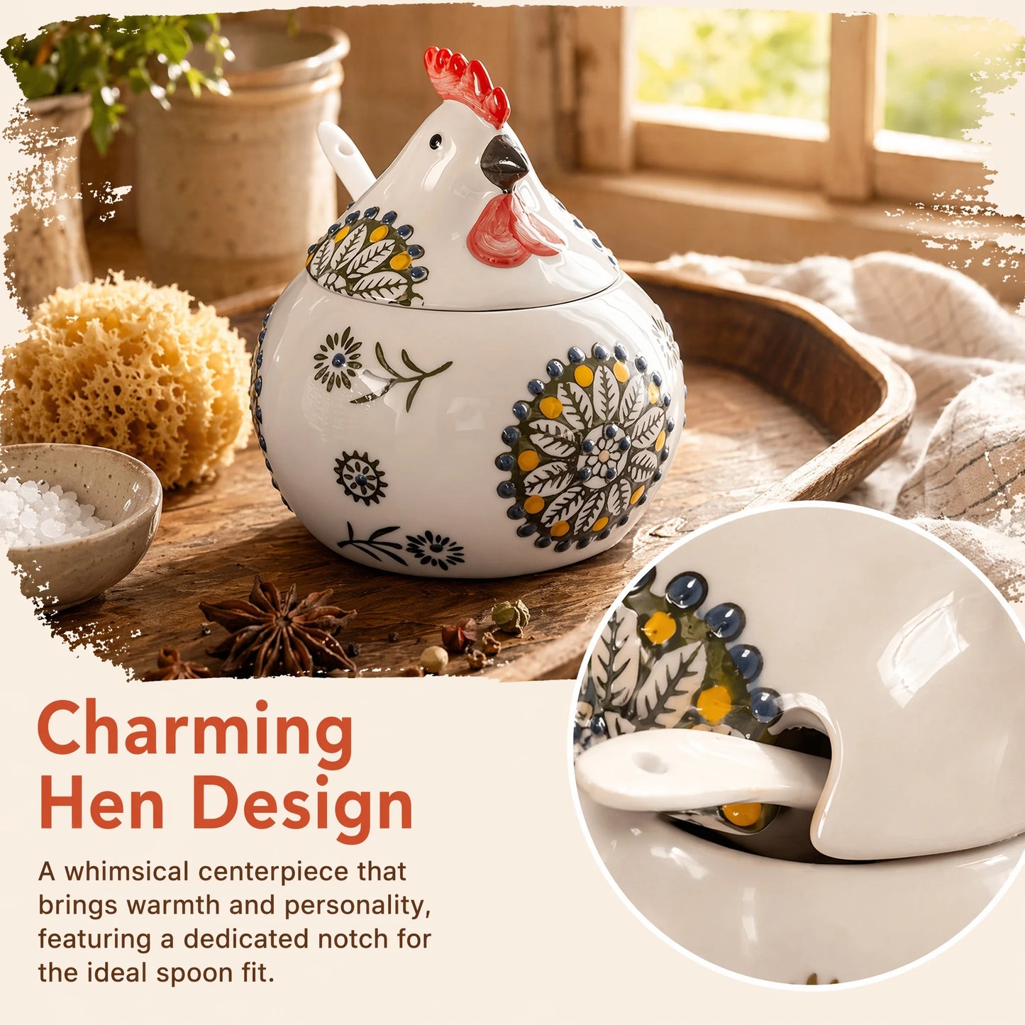 Ceramic Salt Cellar With Lid And Spoon Farmhouse Chicken Design