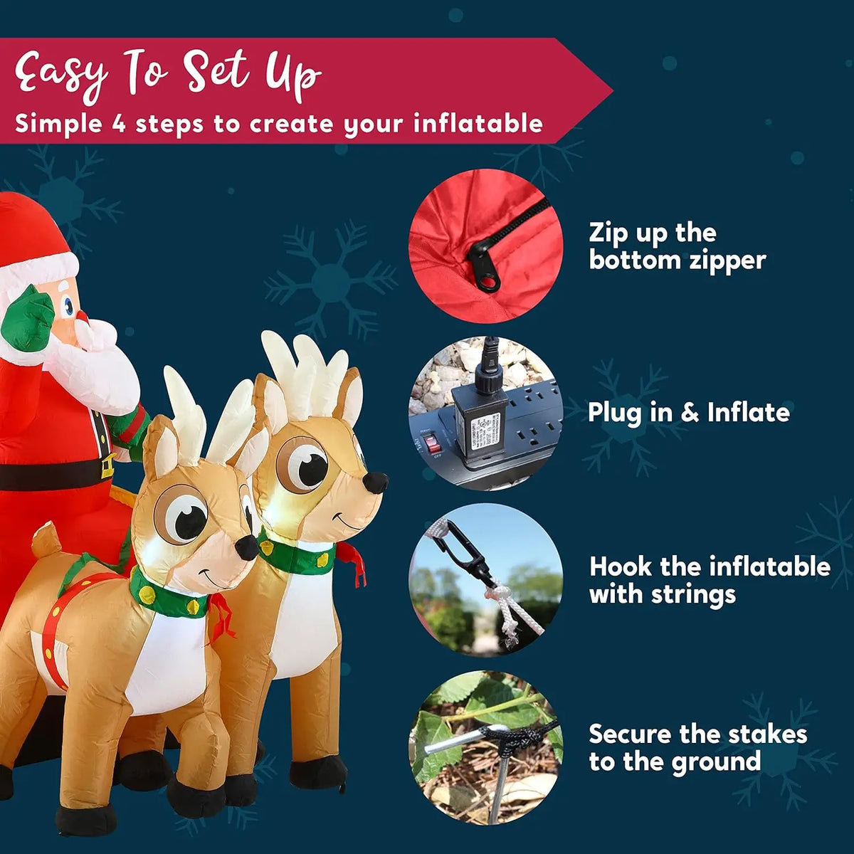 Joyfy Santa Sleigh With Reindeer LED Christmas Inflatable Decoration