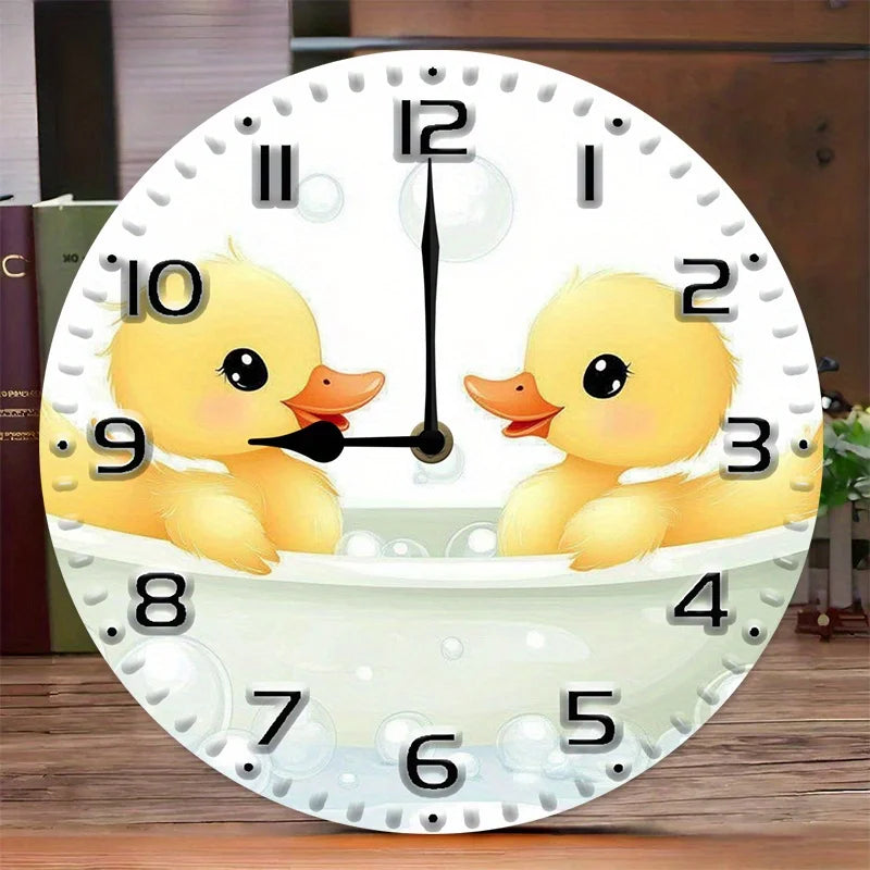 XMSJ Silent Wall Clock Duck Family Bubbles Veneer Battery Operated
