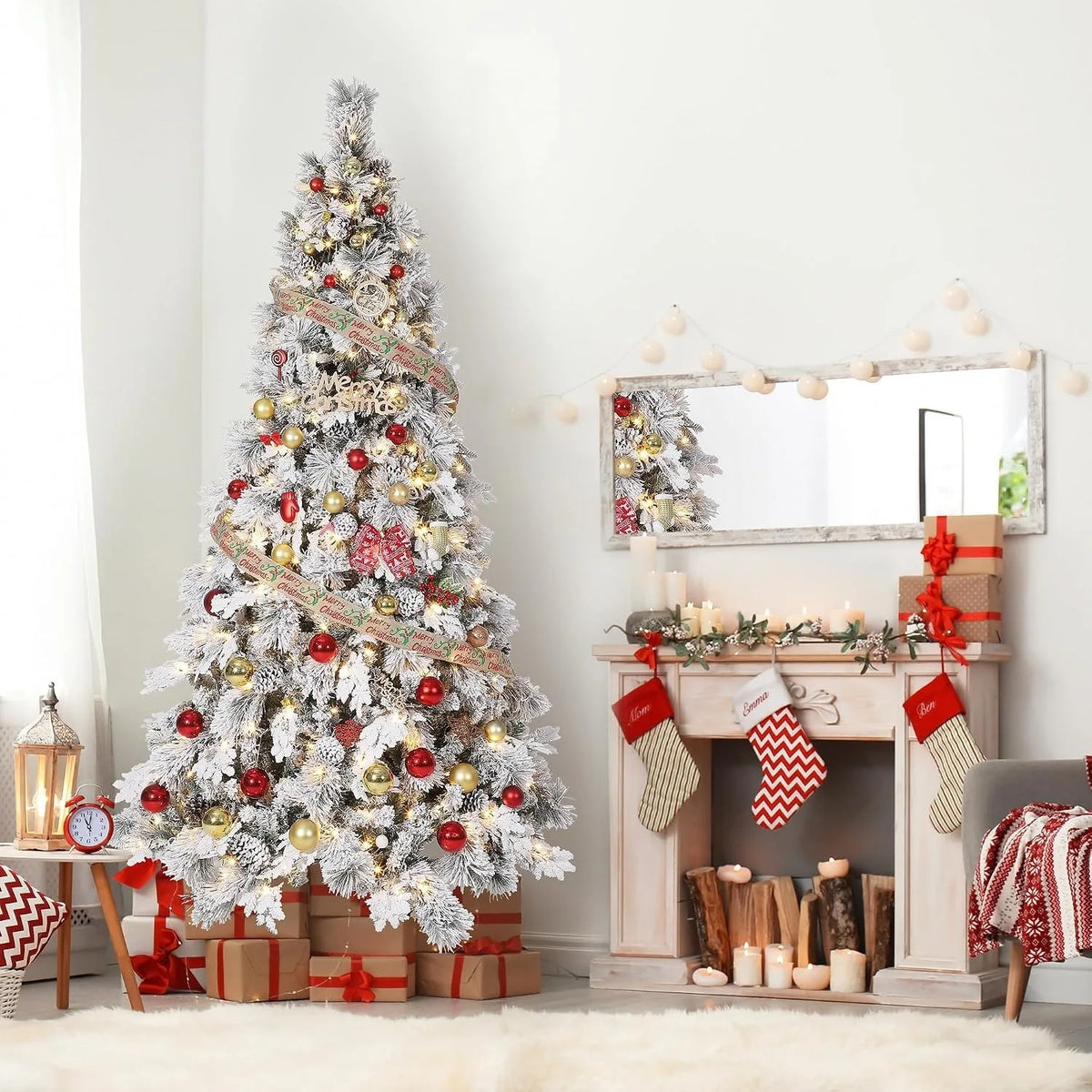 Pre Lit Snow Flocked Pencil Spruce Artificial Christmas Tree