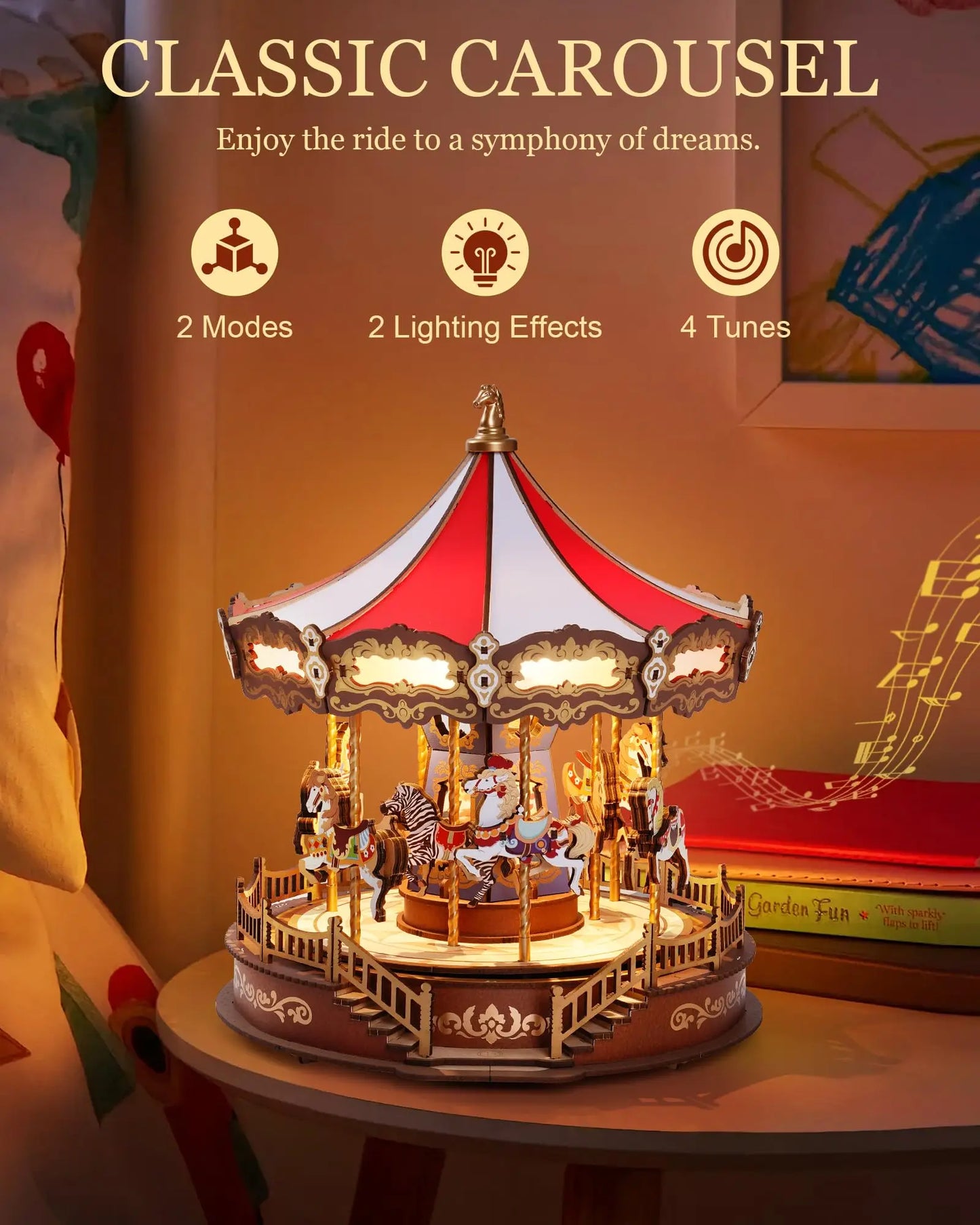 Robotime Rolife Classic Carousel Music Box 3D Wooden Puzzle