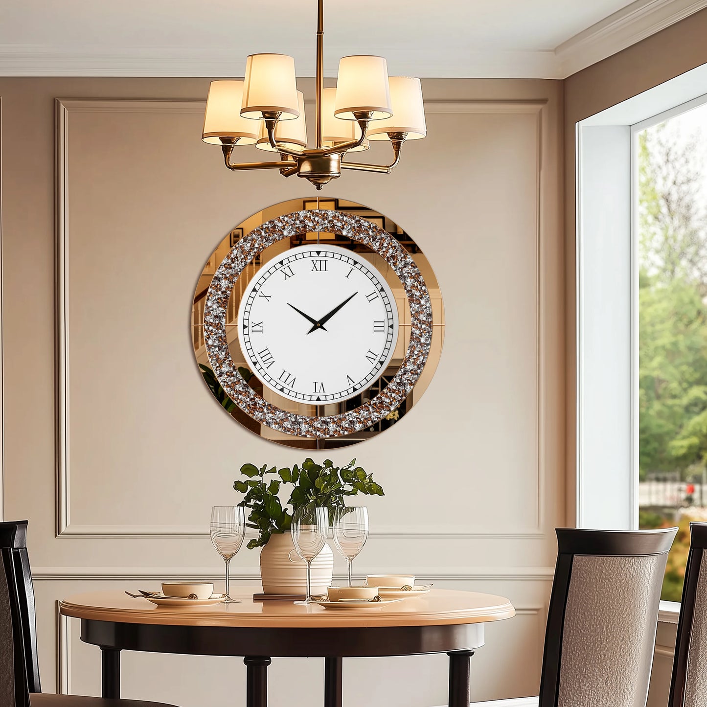 Round Mirror Clock With Crystal Sparkle Mirrored Wall Decor
