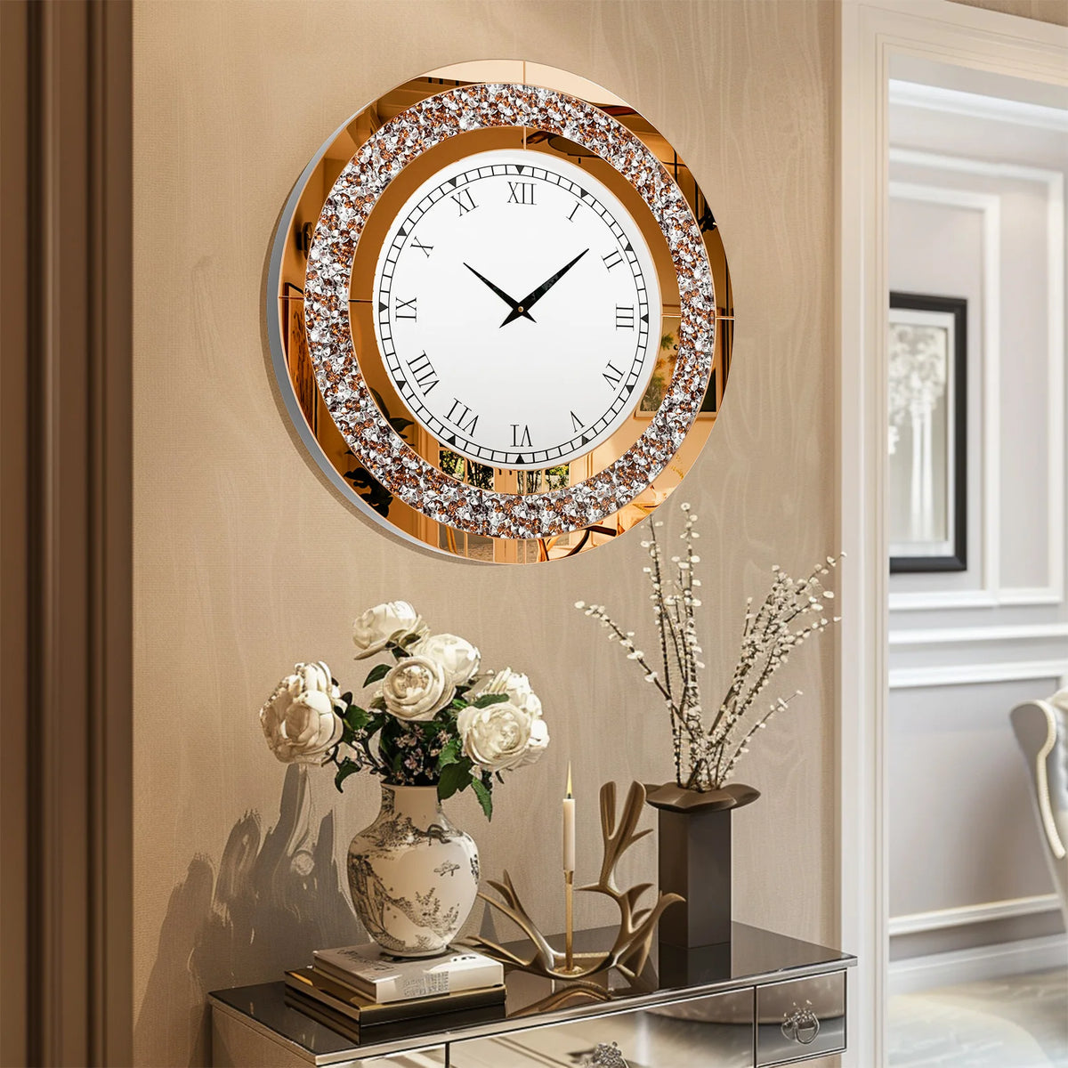 Crystal Sparkle Mirrored Wall Clock for Living Room Decor