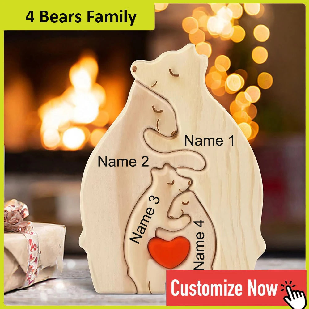 Personalized Bear Family Wooden Puzzle Free Engraving Name Gift
