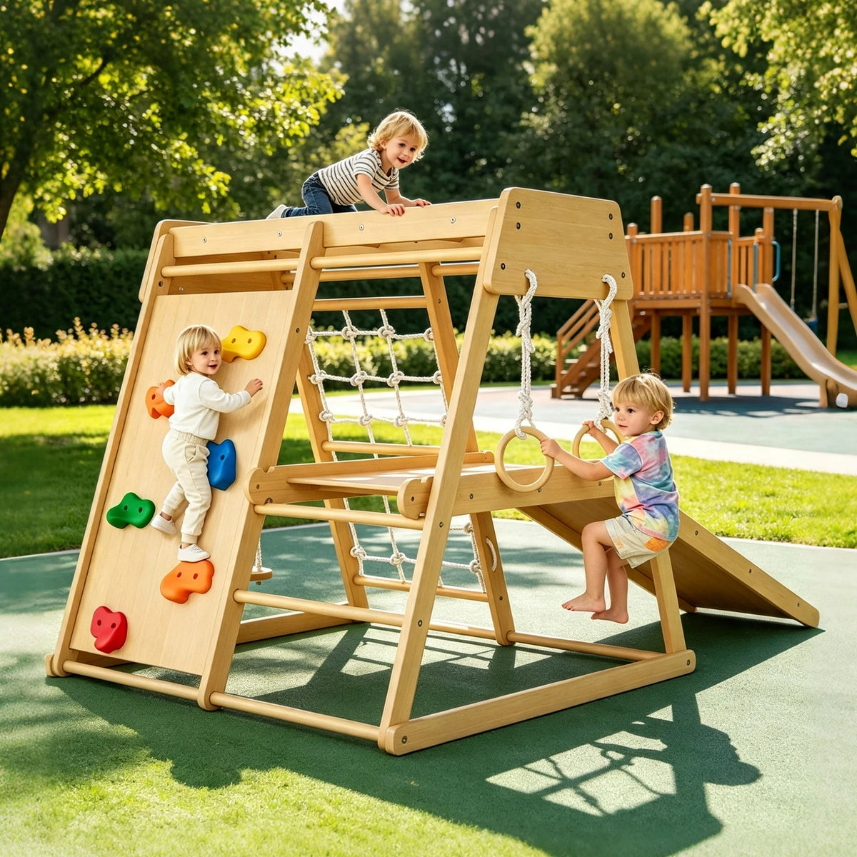 HiMISS 6in1 Wooden Indoor Jungle Gym Slide Climber Kids