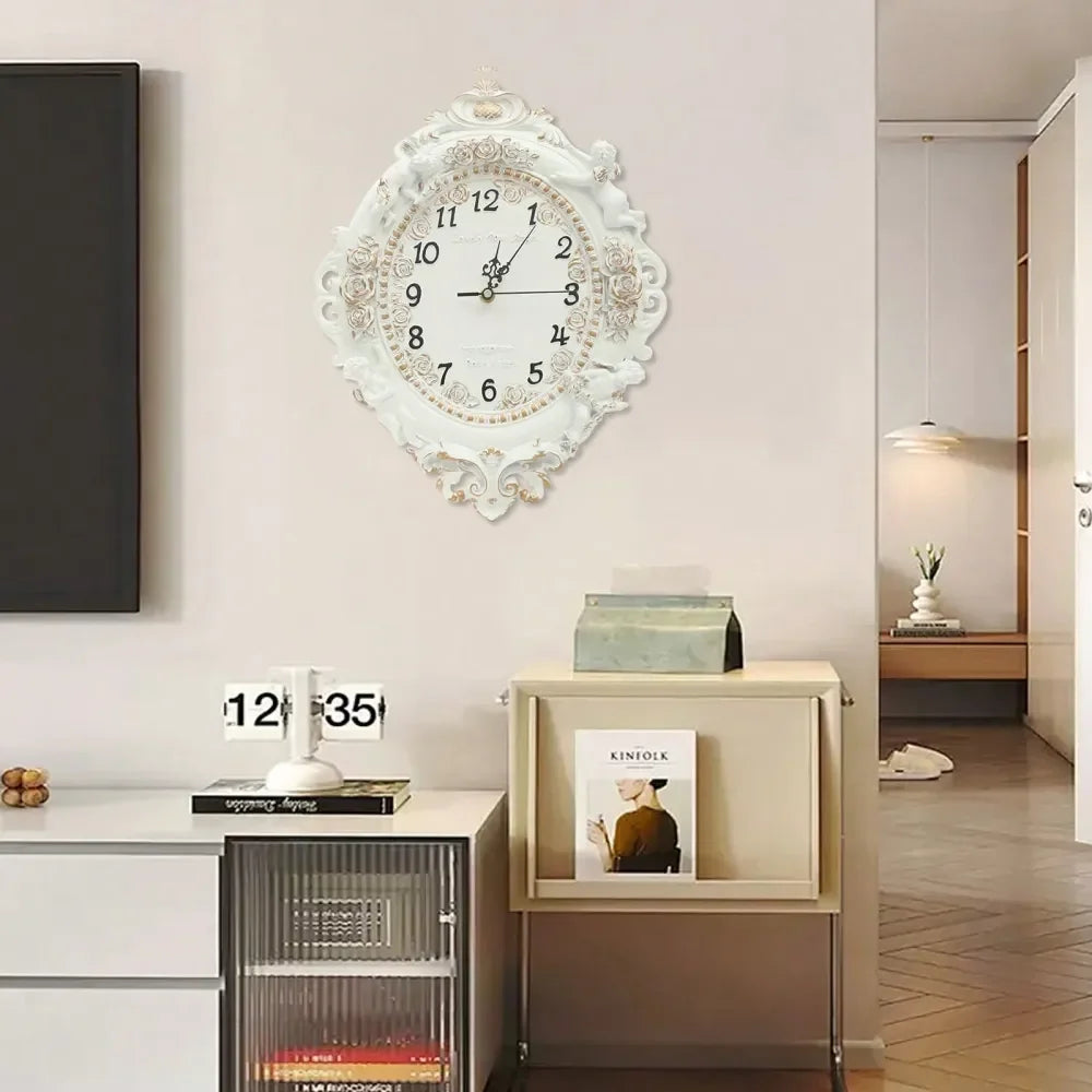 XMSJ Resin Wall Clock Retro Silent Angel And Rose Mural