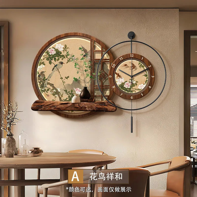 Chinese Flower and Bird Wall Clock Murals for Dining Room