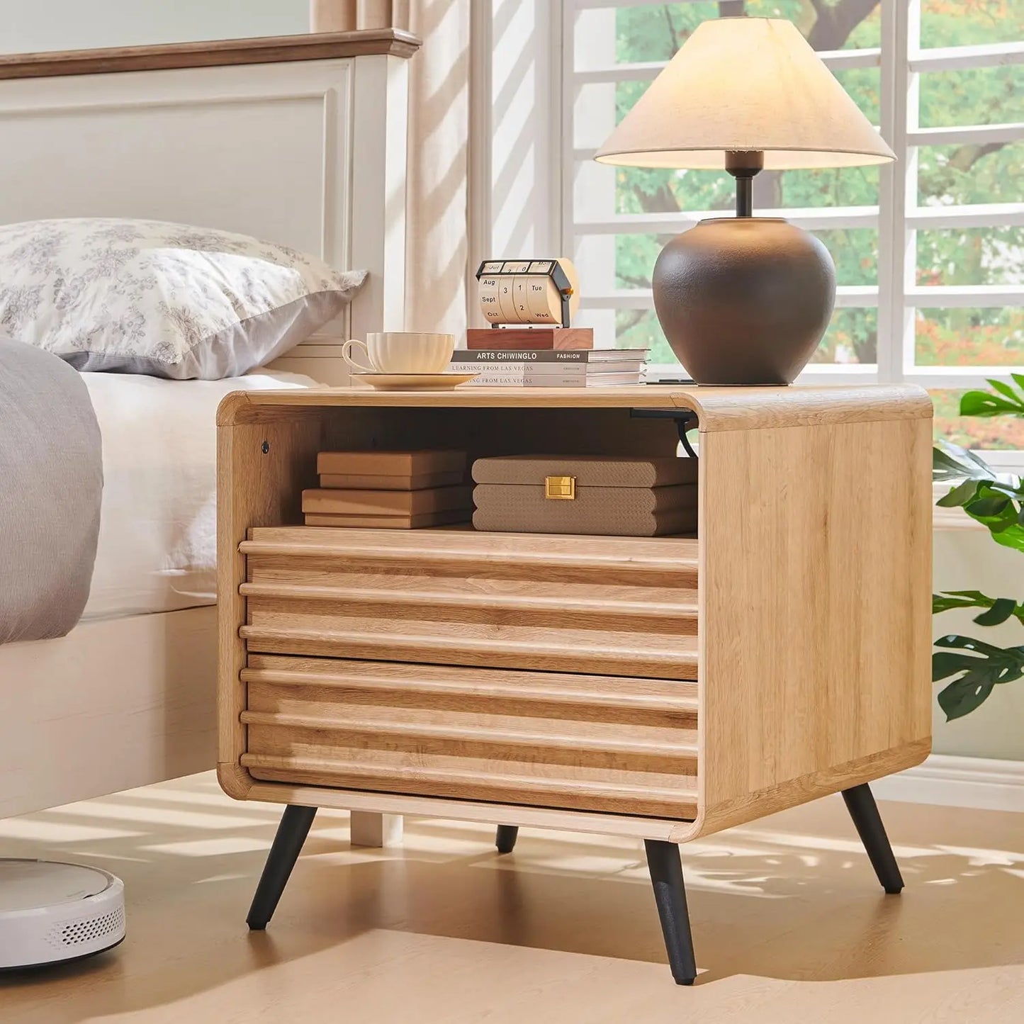 Mid Century Modern Nightstand With Charger Station And 2 Drawers