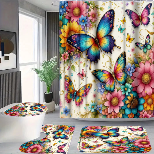 Butterfly Floral Shower Curtain Set With Hooks Waterproof Mildew Resistant