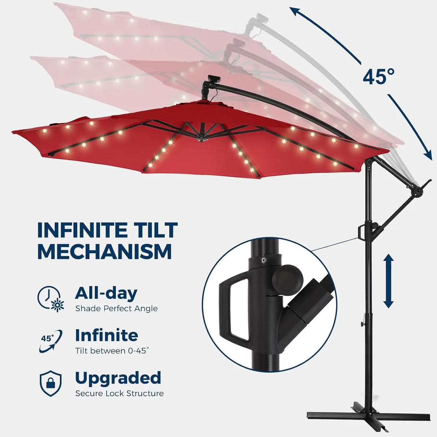 Solar Powered Offset Cantilever Umbrella With LED Lights And Base